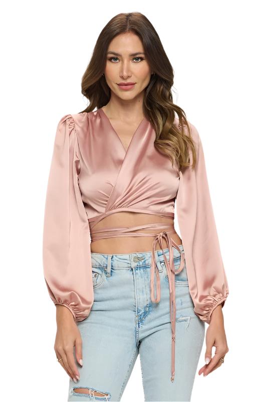 TEEK - Rose Silky Satin Wrap Crop Tied Top TOPS TEEK FG S  