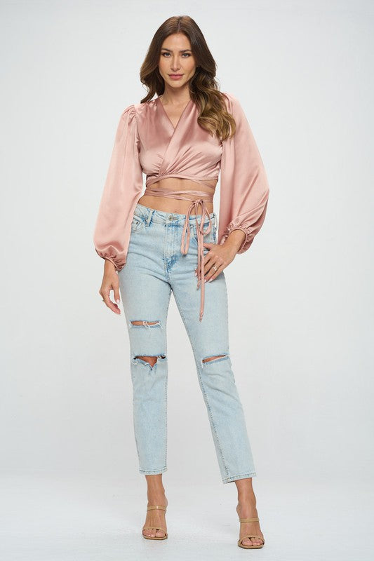 TEEK - Rose Silky Satin Wrap Crop Tied Top TOPS TEEK FG   