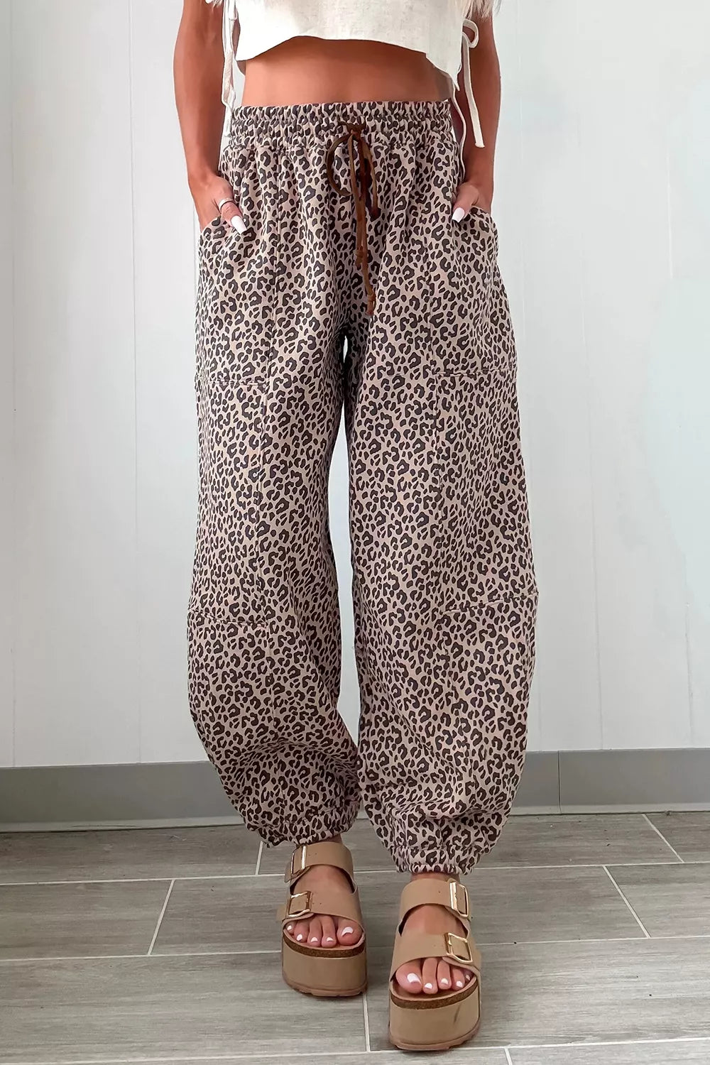 Leopard Print Elastic Waist Ankle Length Pants Trendsi