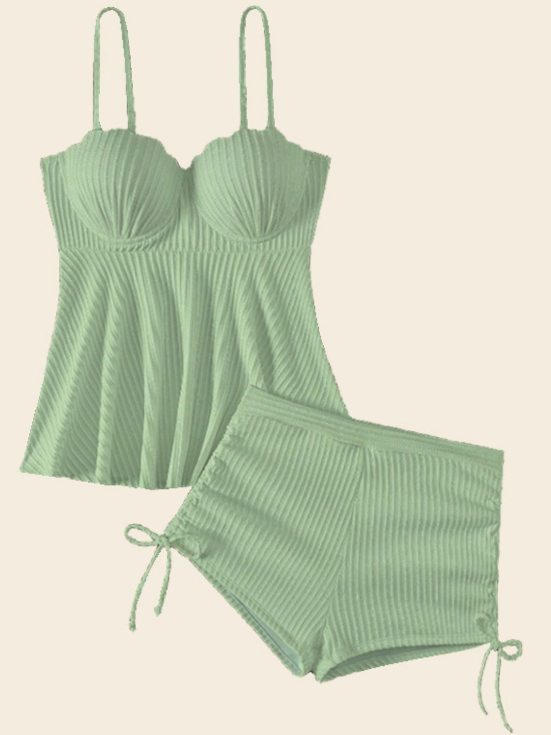 TEEK - Textured Drawstring Spaghetti Strap Two-Piece Swim Set SWIMWEAR TEEK Trend Light Green S 