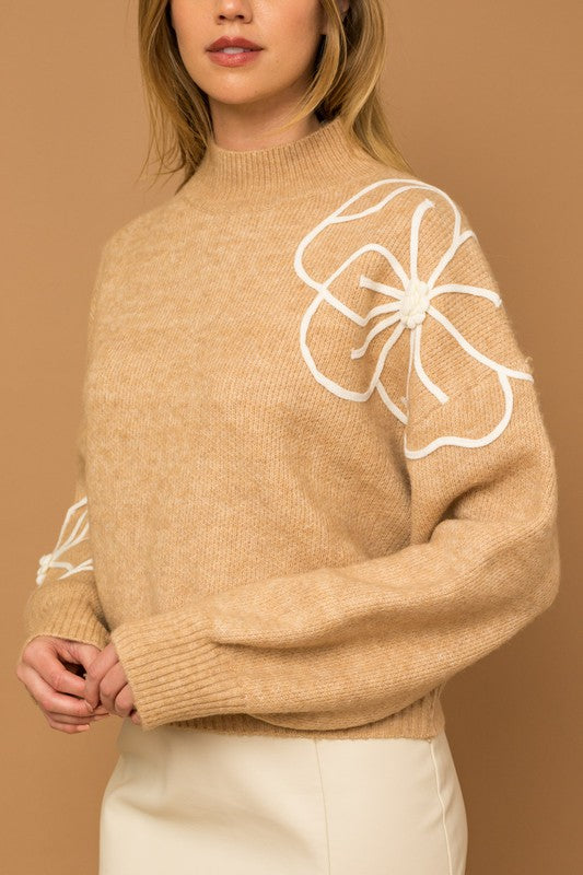 TEEK - Flower Embroidery Mock Neck Sweater SWEATER TEEK FG TAUPE-IVORY L 