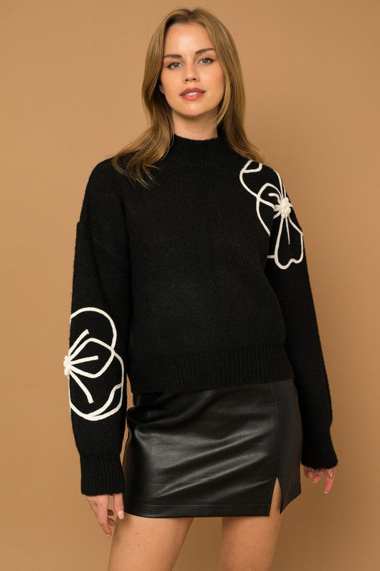 TEEK - Flower Embroidery Mock Neck Sweater SWEATER TEEK FG Black-Ivory S 