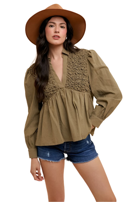TEEK - Olive Smocked Front Long Sleeve Babydoll Blouse TOPS TEEK Trend