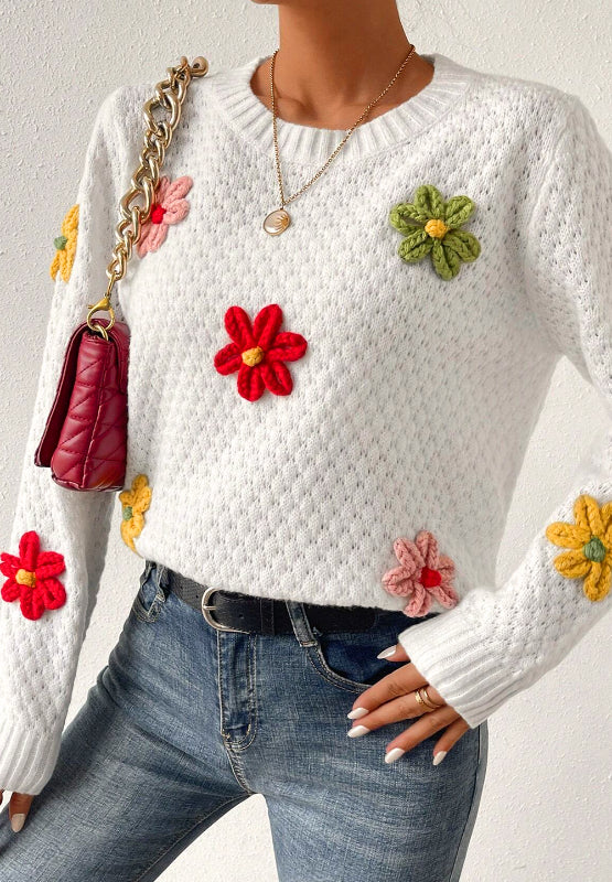 TEEK - White Crochet Flower Round Neck Long Sleeve Sweater TOPS TEEK Trend