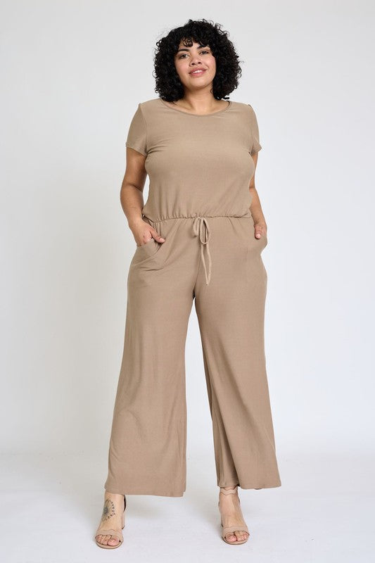 TEEK - Plus Size Spring Short Sleeve Jumpsuit W/Pocket JUMPSUIT TEEK FG Beige 1X