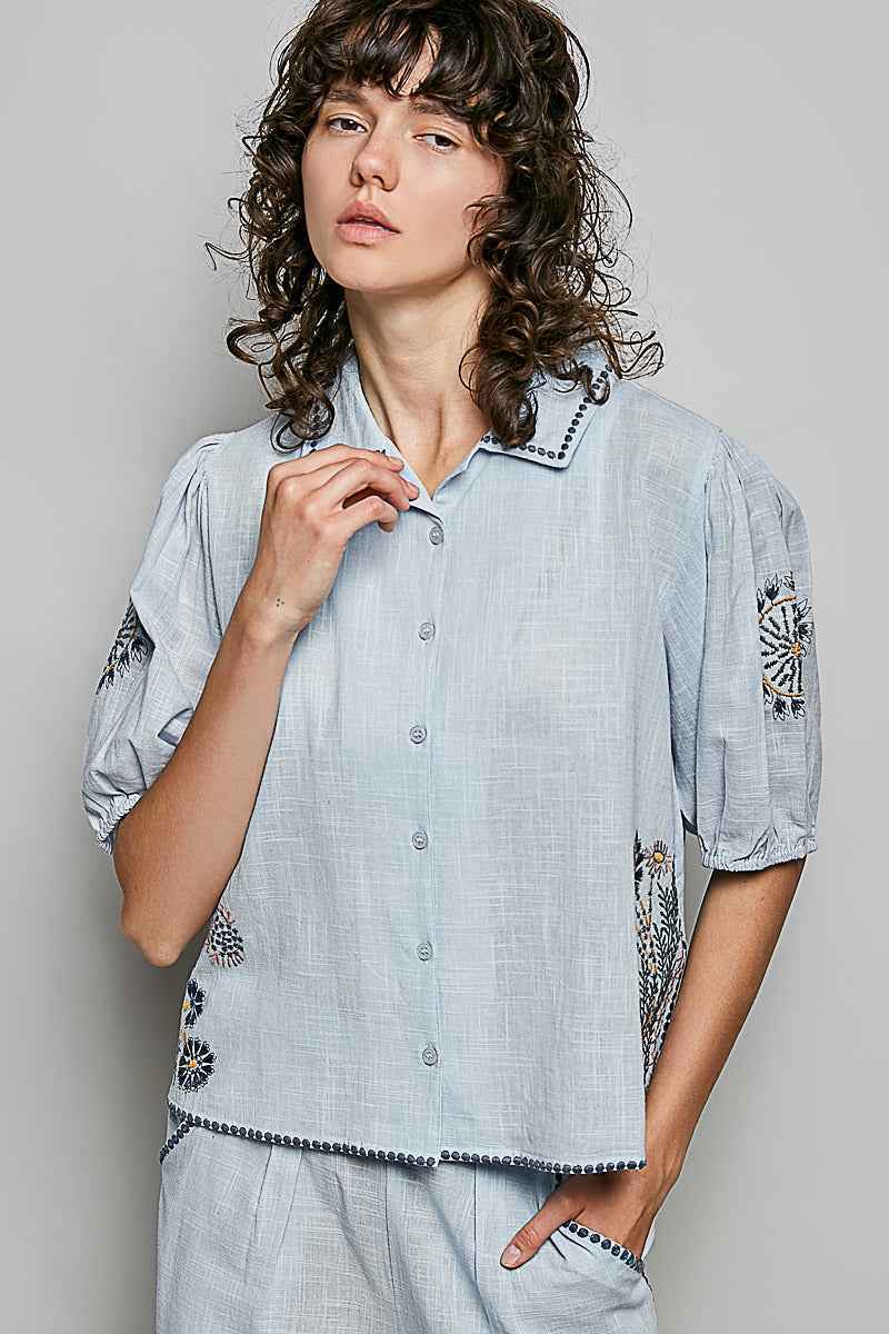 POL Button Down Embroidered Floral Short Sleeve Shirt Trendsi