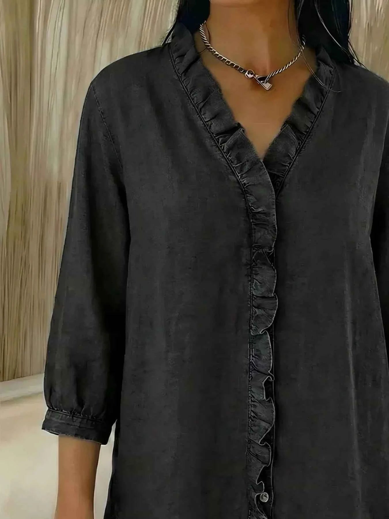 TEEK - Full Size V-Neck Ruffled Button Down Shirt Plus Size TOPS TEEK Trend
