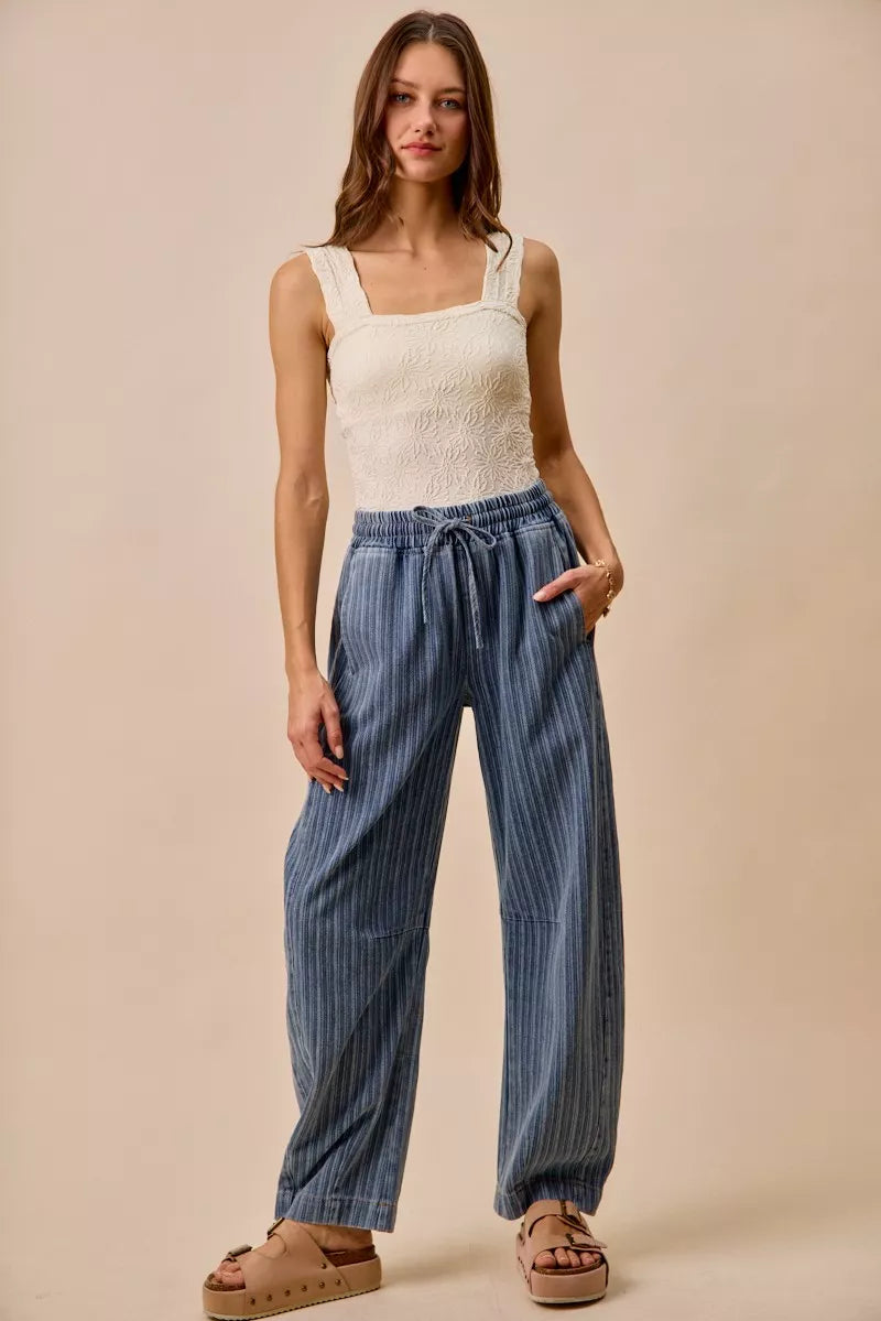 TEEK - Striped Denim Barrel Jeans Drawstring Waistband JEANS TEEK Trend
