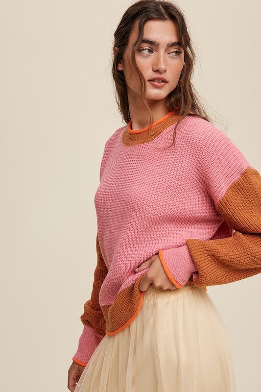 TEEK - Pink Color Block Ribbed Knit Sweater SWEATER TEEK FG   