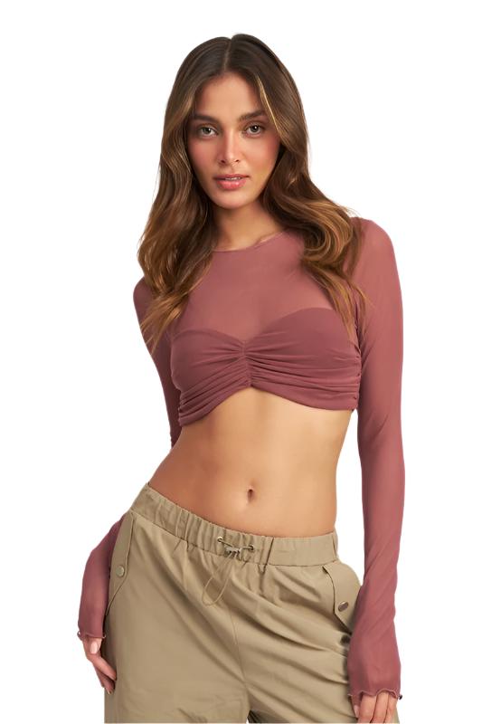 TEEK - CREW NECK RUCHED BUST CROP TOP TOPS TEEK FG RED BROWN S 