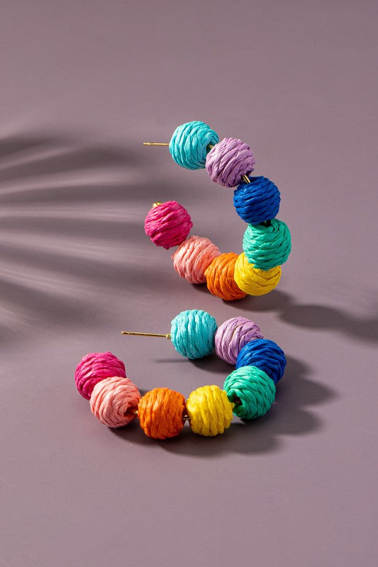 TEEK - Rainbow Raffia Straw Ball Hoop Earrings JEWELRY TEEK FG   