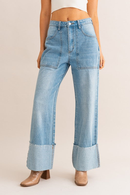 TEEK - Light Denim High-Waisted Wide Leg Cuffed Jeans JEANS TEEK FG   
