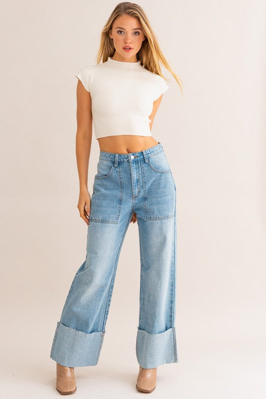 TEEK - Light Denim High-Waisted Wide Leg Cuffed Jeans JEANS TEEK FG   