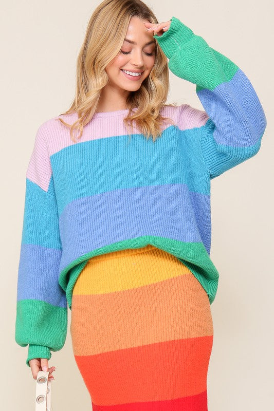 TEEK - Bold Rainbow Stripe Oversized Chunky Knit Pullover SWEATER TEEK FG Blue Combo S 