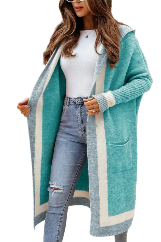 TEEK - Pocketed Contrast Long Sleeve Hooded Cardigan SWEATER TEEK Trend Tiffany Blue One Size