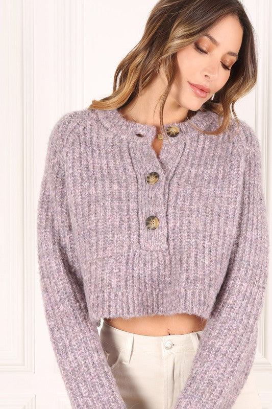 TEEK - Melange Texture Three Button Sweater Top SWEATER TEEK FG Purple S 