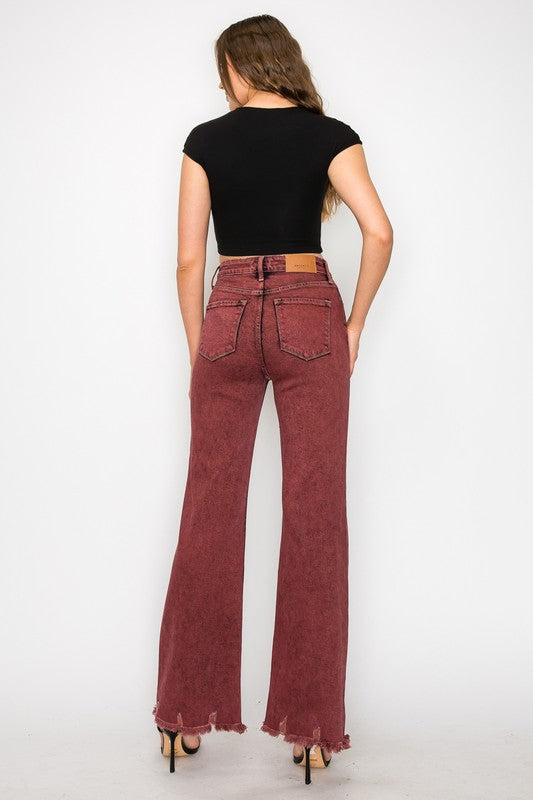 TEEK - BLEACHED BURGUNDY GARMENT DYE HIGH RISE FLARED LEG JEANS TEEK FG   