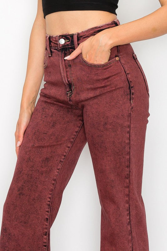 TEEK - BLEACHED BURGUNDY GARMENT DYE HIGH RISE FLARED LEG JEANS TEEK FG   