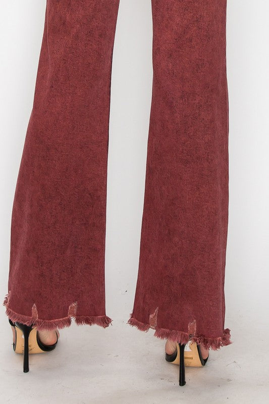 TEEK - BLEACHED BURGUNDY GARMENT DYE HIGH RISE FLARED LEG JEANS TEEK FG   