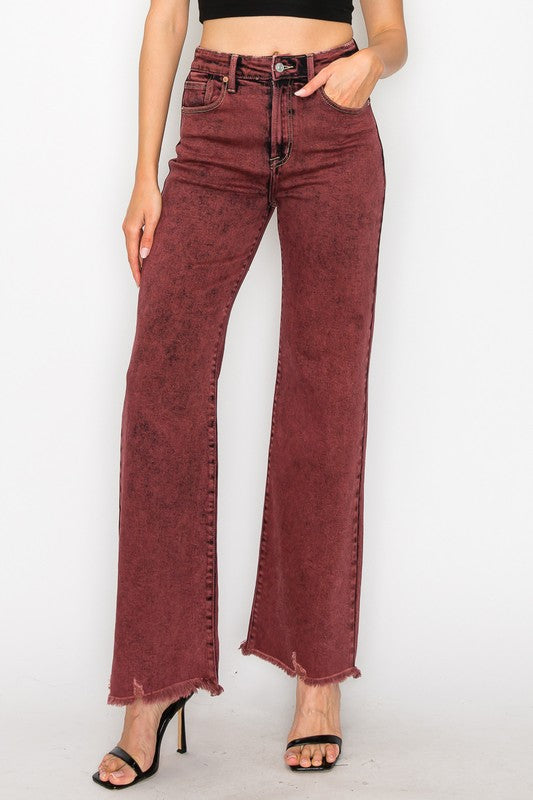 TEEK - BLEACHED BURGUNDY GARMENT DYE HIGH RISE FLARED LEG JEANS TEEK FG   