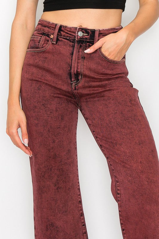 TEEK - BLEACHED BURGUNDY GARMENT DYE HIGH RISE FLARED LEG JEANS TEEK FG   