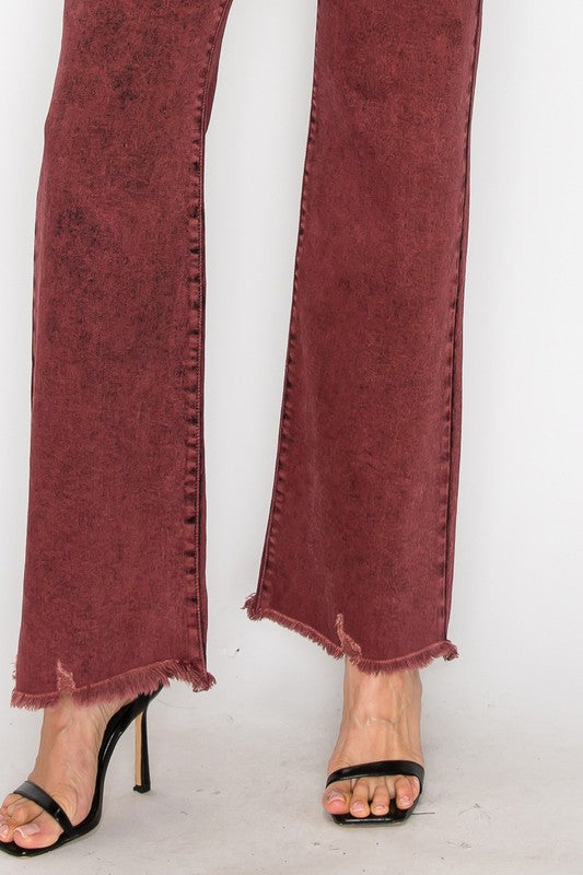 TEEK - BLEACHED BURGUNDY GARMENT DYE HIGH RISE FLARED LEG JEANS TEEK FG   