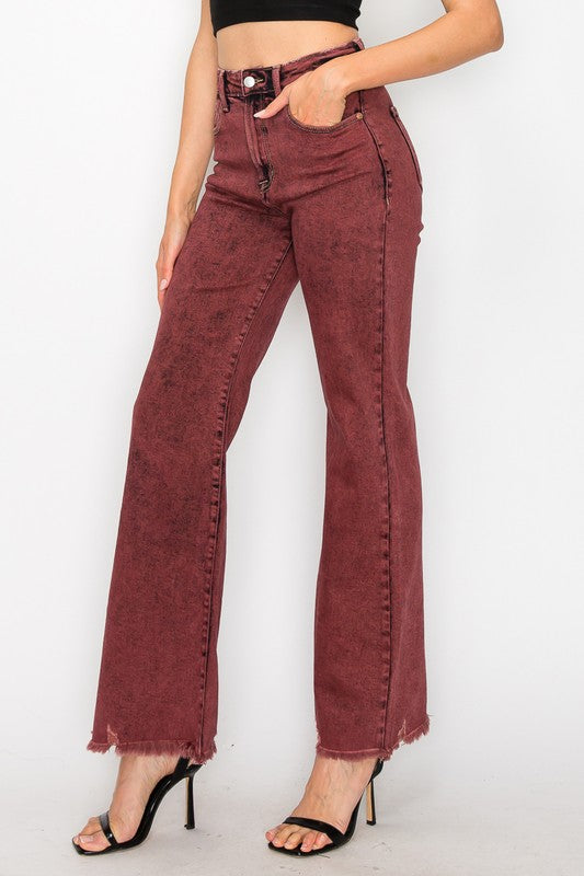 TEEK - BLEACHED BURGUNDY GARMENT DYE HIGH RISE FLARED LEG JEANS TEEK FG   