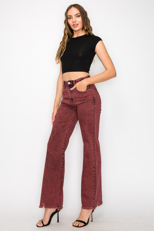 TEEK - BLEACHED BURGUNDY GARMENT DYE HIGH RISE FLARED LEG JEANS TEEK FG   