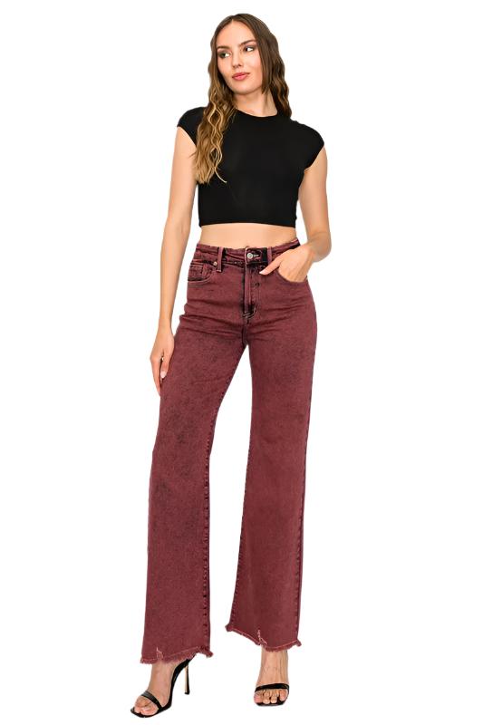 TEEK - BLEACHED BURGUNDY GARMENT DYE HIGH RISE FLARED LEG JEANS TEEK FG 5  