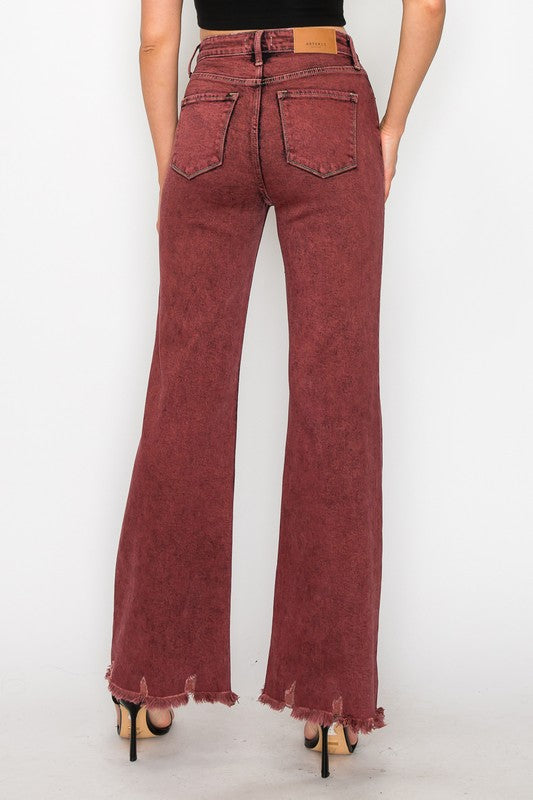 TEEK - BLEACHED BURGUNDY GARMENT DYE HIGH RISE FLARED LEG JEANS TEEK FG   