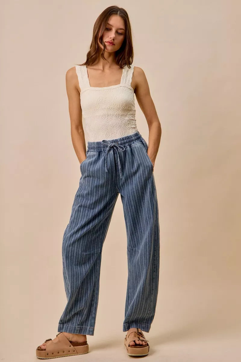 TEEK - Striped Denim Barrel Jeans Drawstring Waistband JEANS TEEK Trend