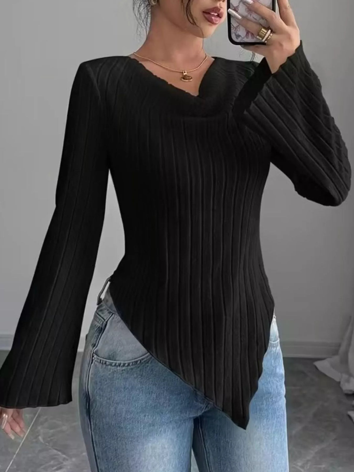 TEEK - Cowl Neck Ribbed Knit Top TOPS TEEK Trend Black S