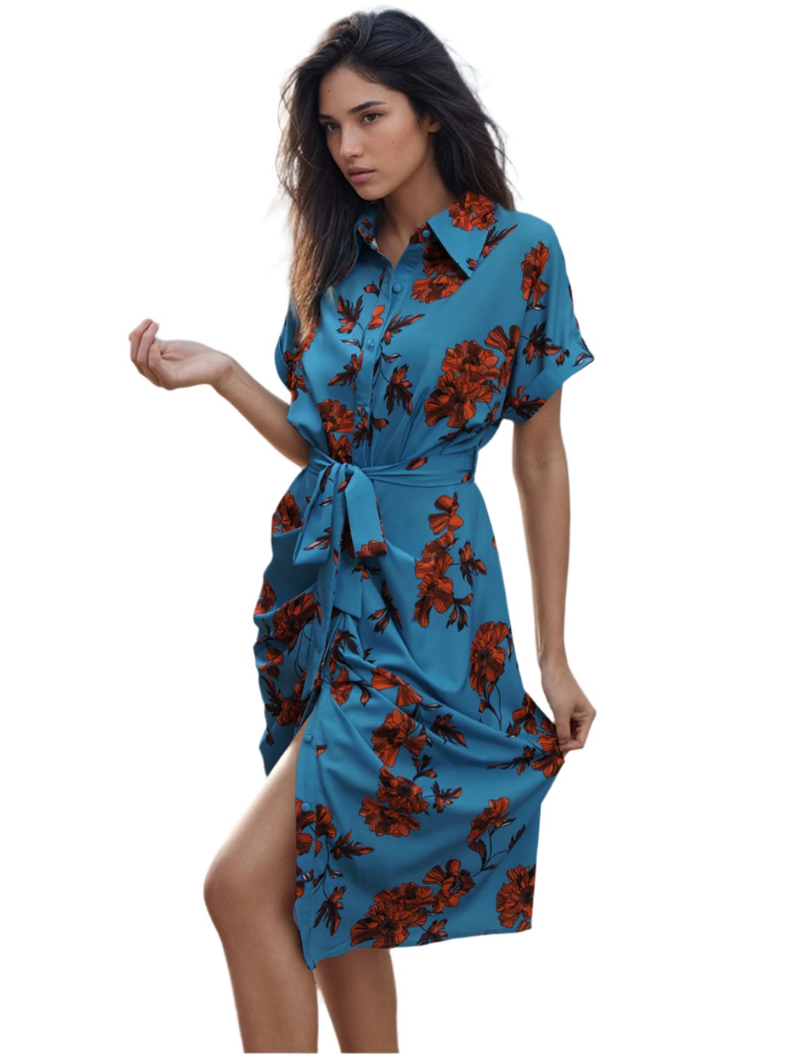 TEEK - Peacock Tied Button Up Short Sleeve Shirt Dress DRESS TEEK Trend S  