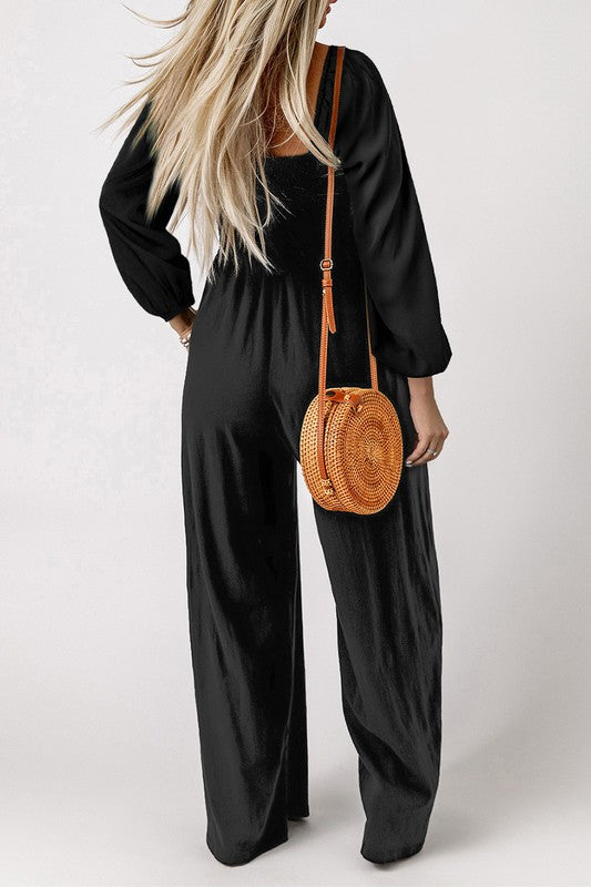 TEEK - Black Long Sleeve Square Neck Smocked Jumpsuit JUMPSUIT TEEK FG   