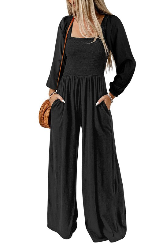 TEEK - Black Long Sleeve Square Neck Smocked Jumpsuit JUMPSUIT TEEK FG   