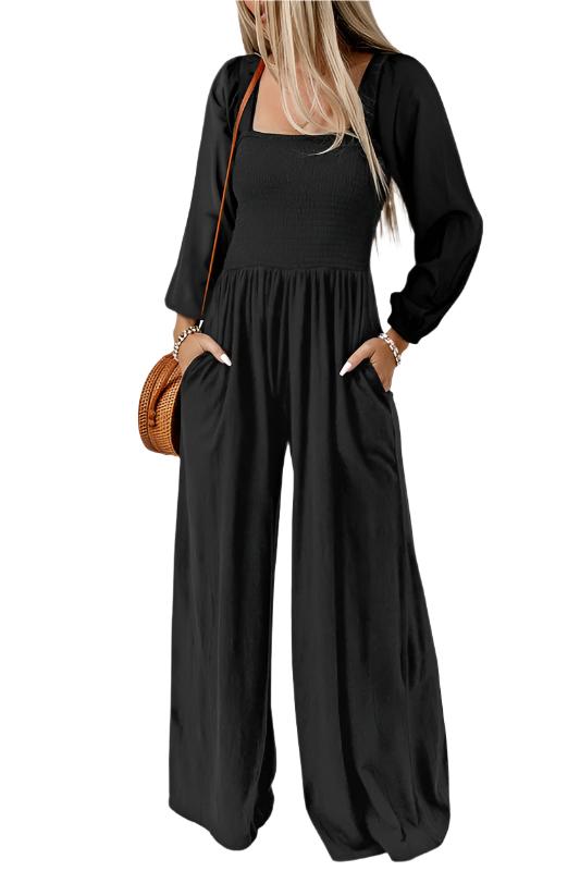 TEEK - Black Long Sleeve Square Neck Smocked Jumpsuit JUMPSUIT TEEK FG S  