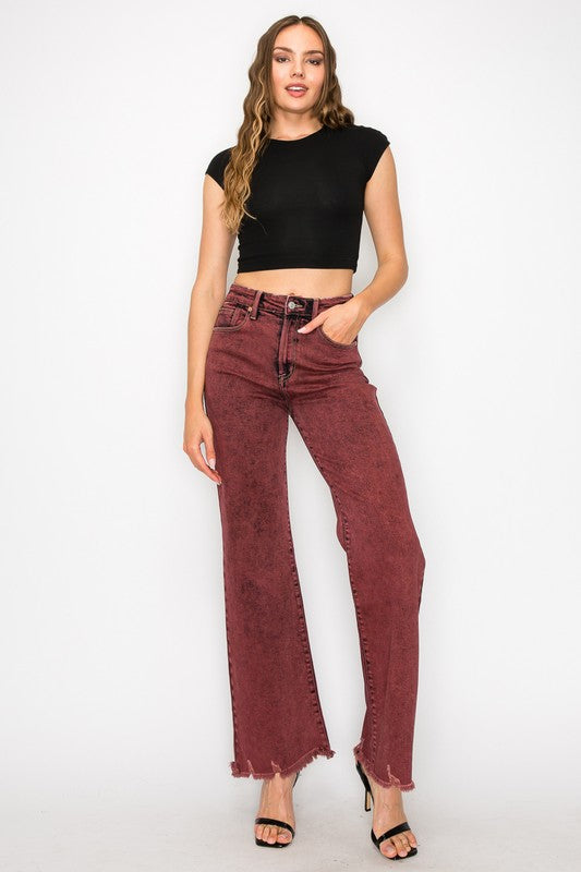 TEEK - PLUS SIZE BLEACHED BURGUNDY HIGH RISE FLARED LEG JEANS JEANS TEEK FG   