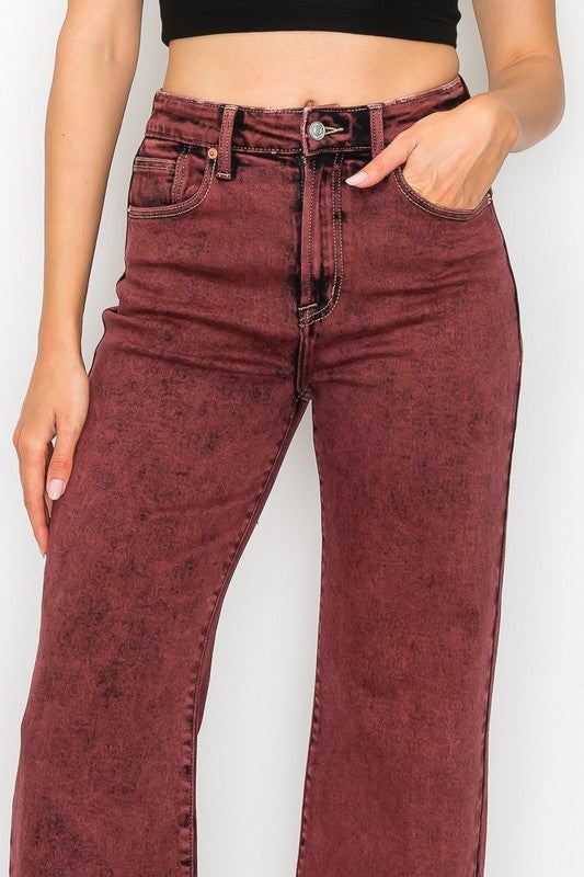 TEEK - PLUS SIZE BLEACHED BURGUNDY HIGH RISE FLARED LEG JEANS JEANS TEEK FG   