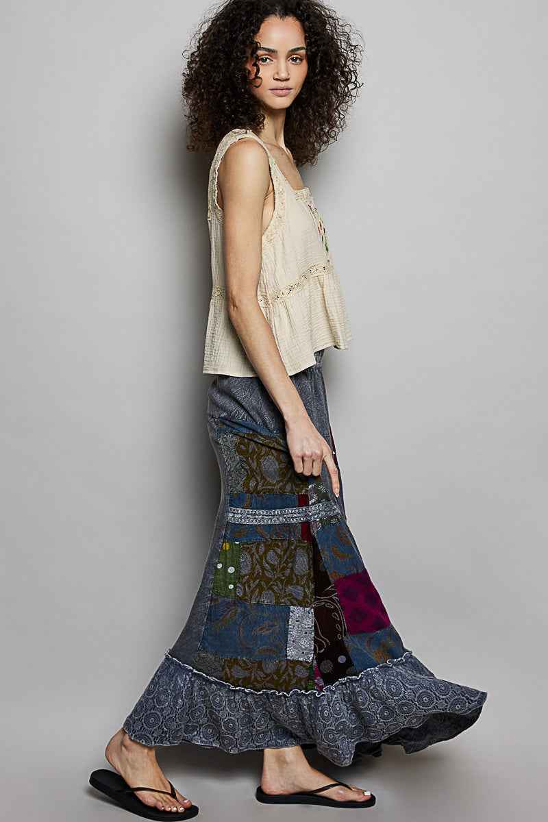 POL Printed Patchwork Embroidered Ruffled Skirt Trendsi