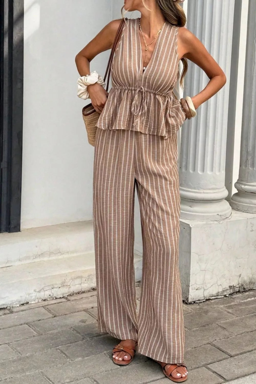 Striped Sleeveless Top and Wide Leg Pants Set Trendsi