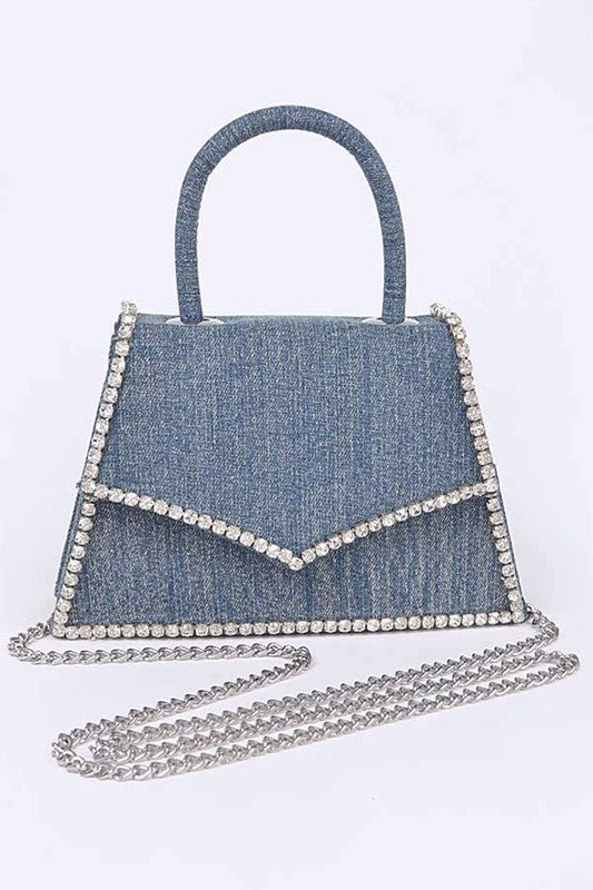 Rhinestone Accent Denim Top Handle Clutch Bag  Artini Accessories Dark Blue O/S 