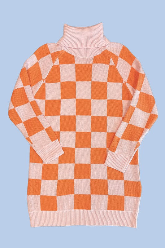 TEEK - Orange Checkered Turtleneck Sweater Dress DRESS TEEK FG S  
