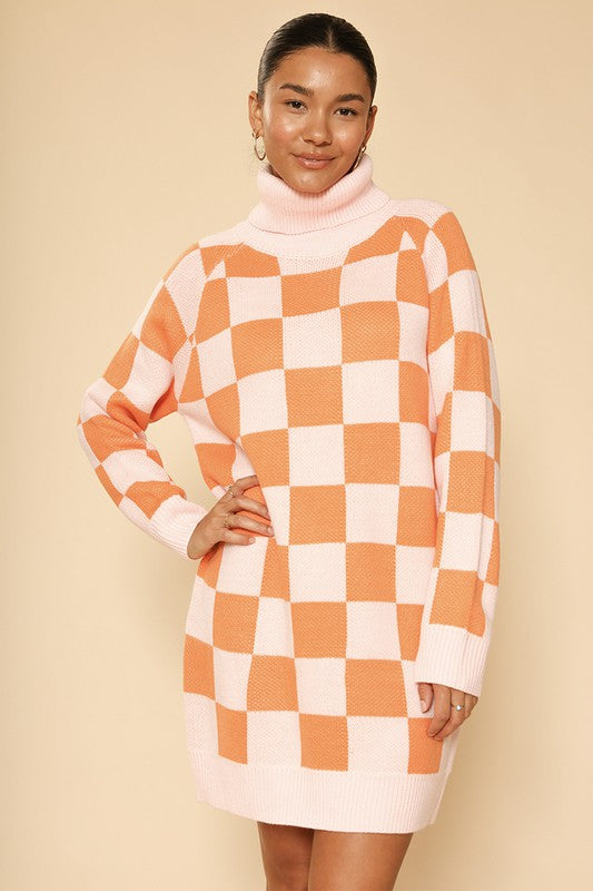 TEEK - Orange Checkered Turtleneck Sweater Dress DRESS TEEK FG   