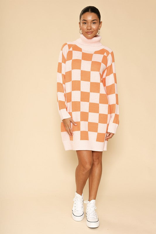 TEEK - Orange Checkered Turtleneck Sweater Dress DRESS TEEK FG   