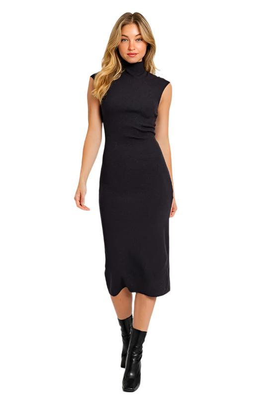 TEEK - Black Mock Neck Sweater Midi Dress DRESS TEEK FG XS  