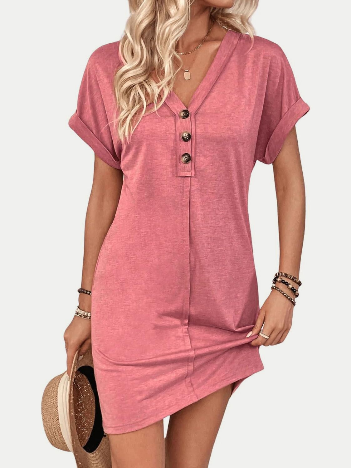 TEEK - Quarter Button V-Neck Short Sleeve Dress DRESS TEEK Trend   