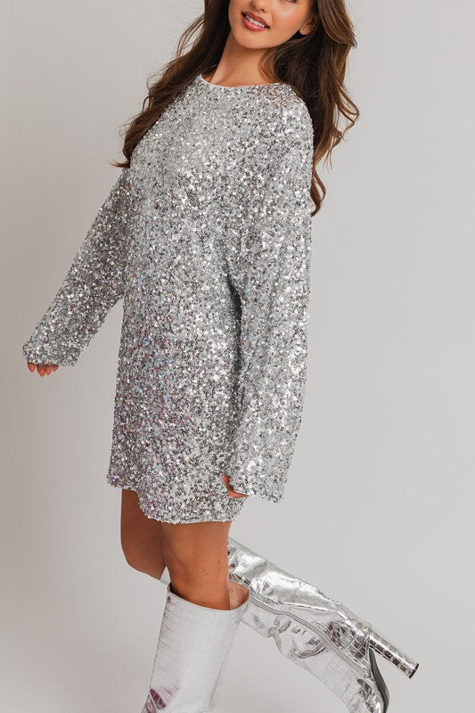 TEEK - Silver Long Sleeve Sequin Mini Dress DRESS TEEK FG   