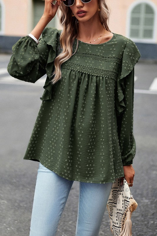 TEEK - Lace Eyelet Ruffle Shoulder Long Sleeve Blouse TOPS TEEK FG   