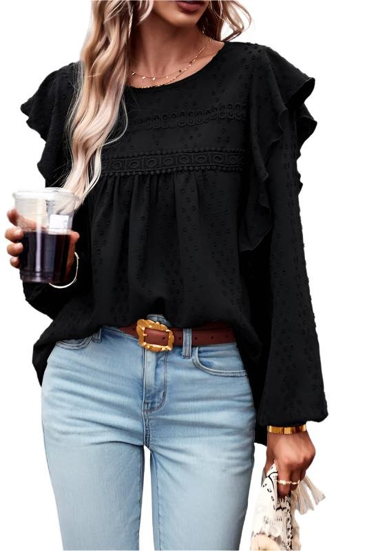 TEEK - Lace Eyelet Ruffle Shoulder Long Sleeve Blouse TOPS TEEK FG black S 