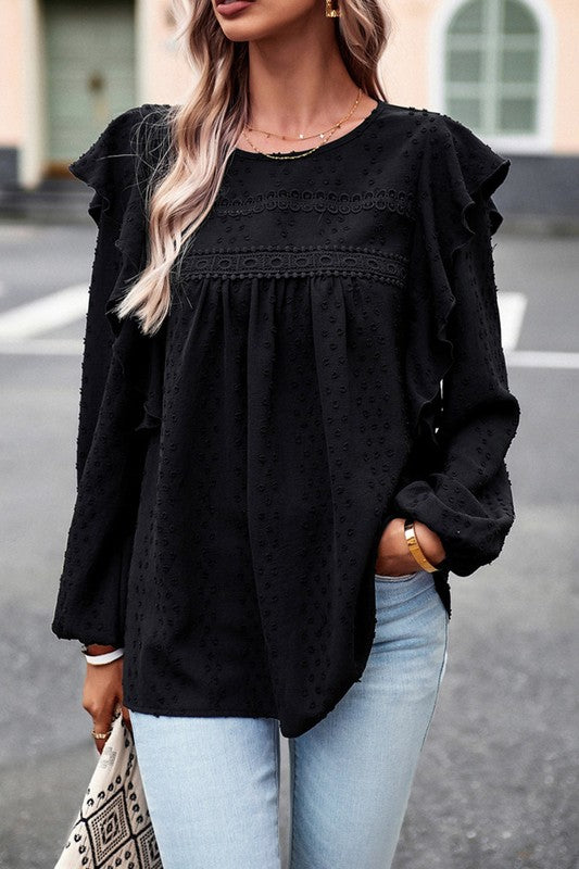 TEEK - Lace Eyelet Ruffle Shoulder Long Sleeve Blouse TOPS TEEK FG   